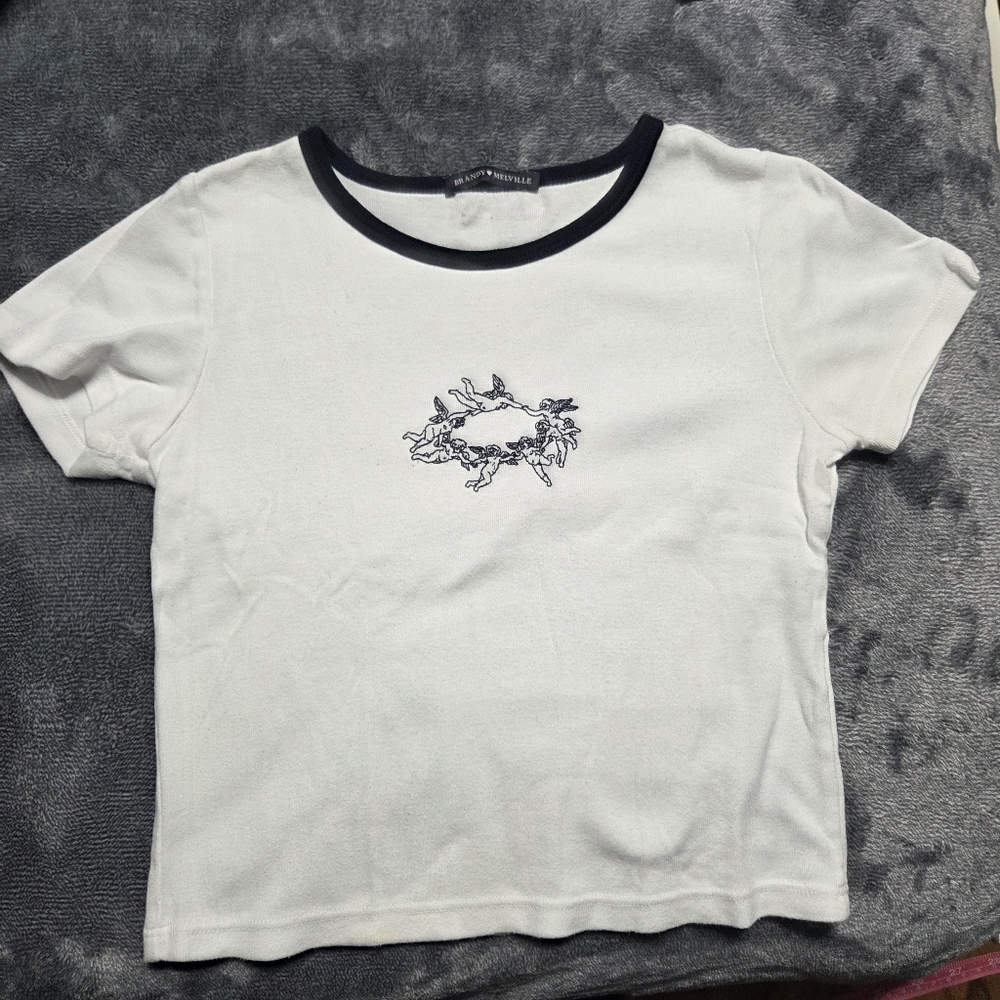 Brandy Melville White Tee with Black Trim and Graphic